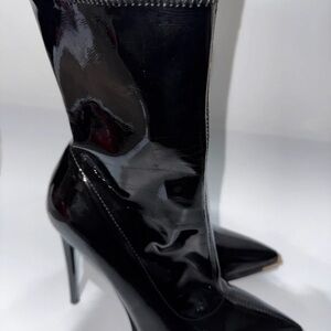Sleek Black Patent Pointed-Toe Stiletto Mid-Calf Boots